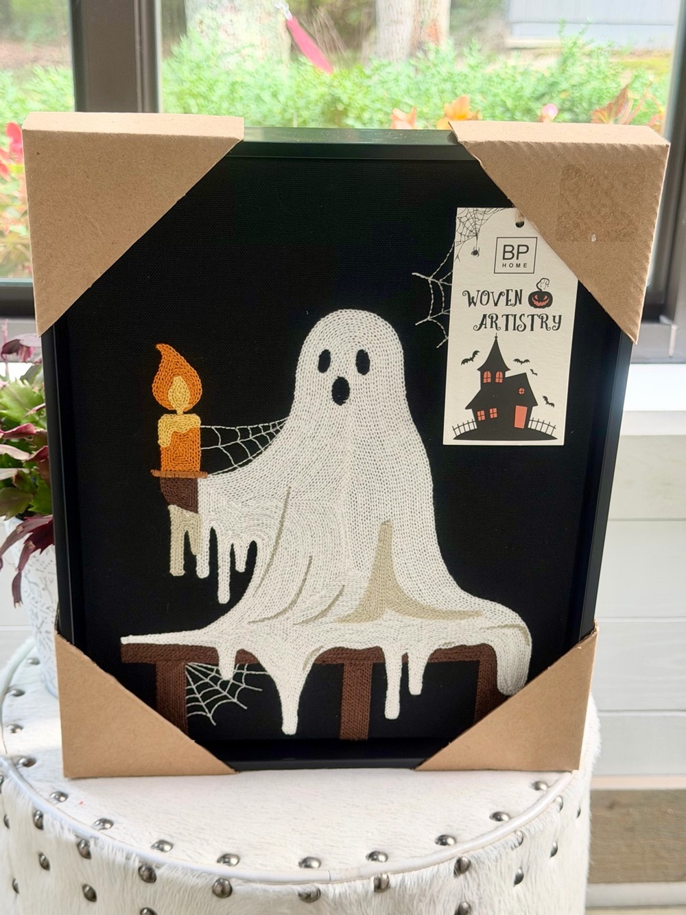 BP Home Halloween Ghost Embroidered Wall Art 12x15 Black White Candle Cobweb NWT